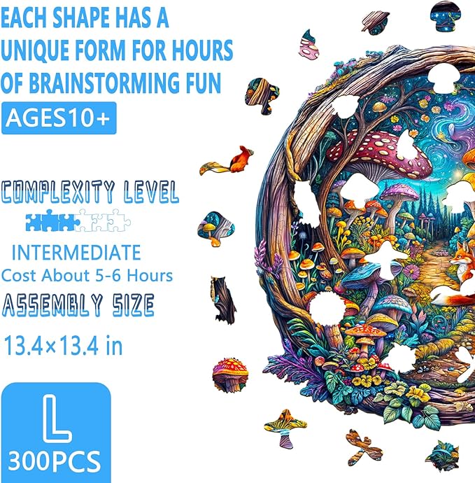Wooden Puzzles for Adults, Colorful Mushroom Forest Wooden Jigsaw Puzzles for Adults, 3D Vision Effects Wood Puzzles Adult 300 Pieces, Unique Shape, Gifts for Friends, Wall Art Canvas (L-13.4*13.4in)