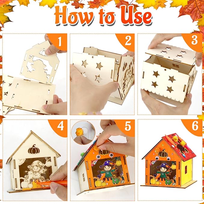 12 Thanksgiving Fall Crafts Wooden House for Boy, Girl & Adult, Fall Activities Kit DIY with Paint Pen Pumpkin Turkey Owl, Thanksgiving Arts and Crafts for Classroom Party Favors & Gift Supplies Bulk