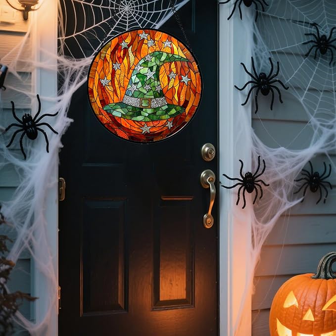 Stained Glass Window Hanging - Halloween Decorations Witch Hat Suncatcher for Doors Garden Indoor Spooky Funny Green Sun Catchers Gothic Decor Horror Gifts for Women Men Friend 7.8 in