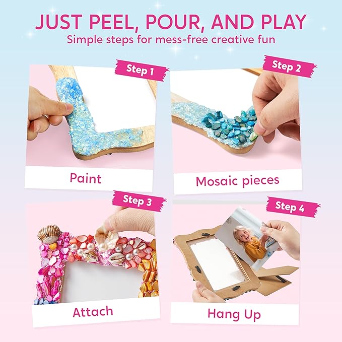 Klever Kits Mosaic Photo Frame Craft Kits, DIY Mosaic Kits for Kids 6 Years Old Girl Birthday Gift Summer Activities, Make Your Own Picture Frame Arts and Crafts for Kids
