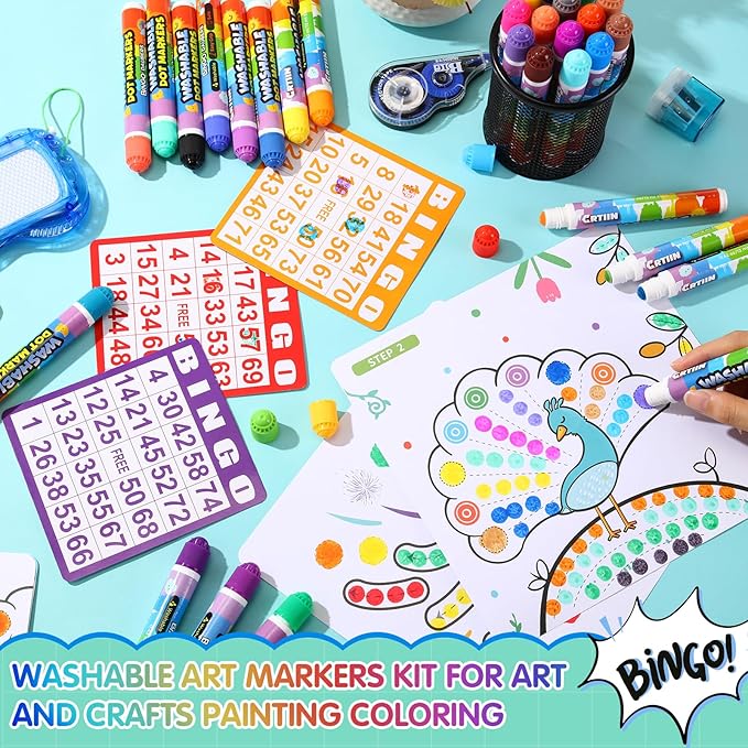 Crtiin 60 Pack Washable Dot Markers Set 30 Assorted Colors Bingo Daubers Bulk 0.4oz Dot Art Paint Markers Ideal for Art and Crafts Painting Coloring Bingo Supplies