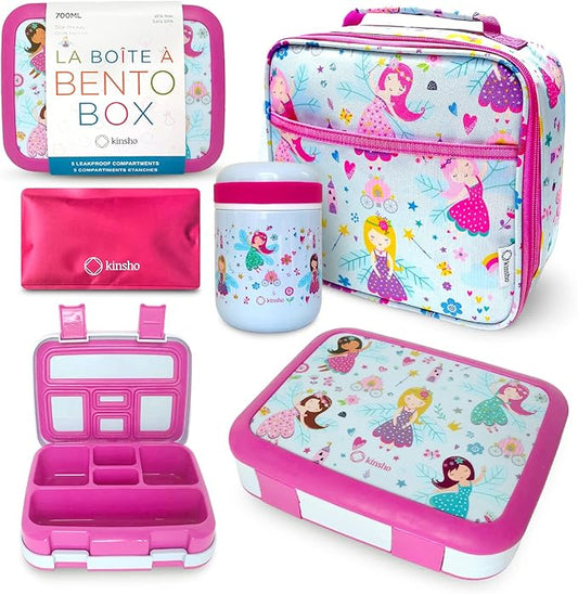 Bento Lunch Box with Stainless Steel Thermo, Matching Insulated Lunch Bag and Ice Pack Set for Girls, Kids, 5 Divided Compartments, Snack Container for Toddler Daycare, Pink Fairy Princess
