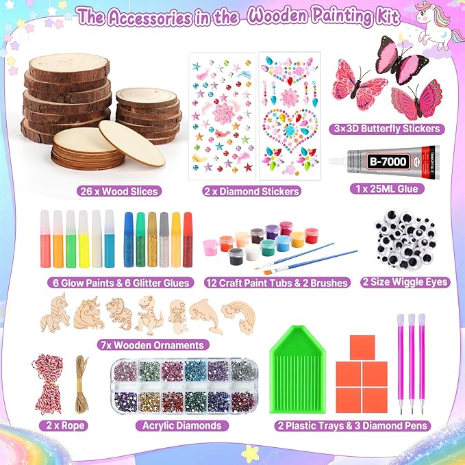 Wooden Painting Kit for Kids 6-12, Wood Slice DIY Craft Gift Set with Paints, Glues, Assorted Gems & Diamond Painting Tools, Creative Art Activity Supplies for Boys Girls