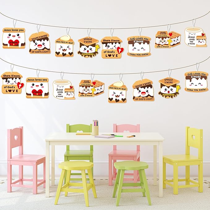 ANGOLIO Marshmallow Religious Ornament Craft Kit - 123Pcs Jesus Loves You S'More DIY Paper Craft Kit Make Your Own Marshmallow Hanging Ornament with Sticker for Kids VBS Sunday School DIY Art Activity