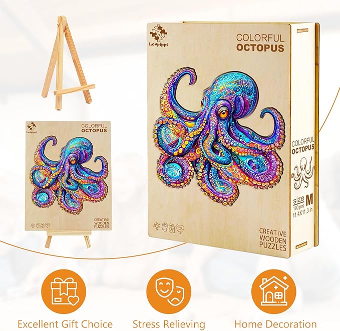Wooden Puzzles for Adults, Wooden Jigsaw Puzzles for Adults, Wood Puzzles Adult-Colorful Octopus Unique Shaped Octopus Puzzle, Creative Birthday Gifts for Friends Family Game (13.4 * 13.3in 265pcs)