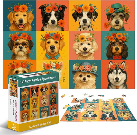 100-Piece Cute Dog Puzzle for Kids Ages 4-6 6-8 8-10, Adorable Cartoon Puppies with Flower Crowns, Hats & Glasses – Educational Jigsaw Puzzle Toys for Girls & Boys Gift