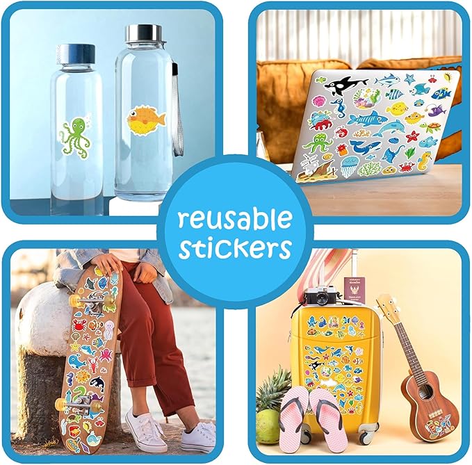 Haktoys Fishing Game Play Set Includes 21 Fish and 4 Fishing Poles on Rotating Board with Music On/Off Switch, Ocean Animal Sticker Book with Reusable Stickers | Board Game for 1-4 Players