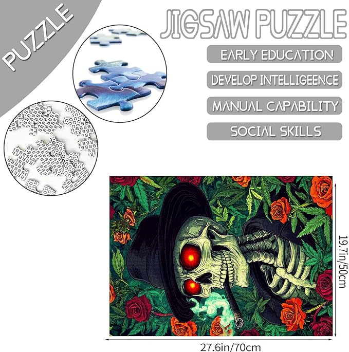 Tucocoo Skeleton Smoking Jigsaw Puzzle 1000 Pieces Puzzles for Adults, Green Garden Roses Skull Art Puzzles for Challenging Family Activity Games Colorful DIY Craft Puzzle for Home Wall Decor Gifts