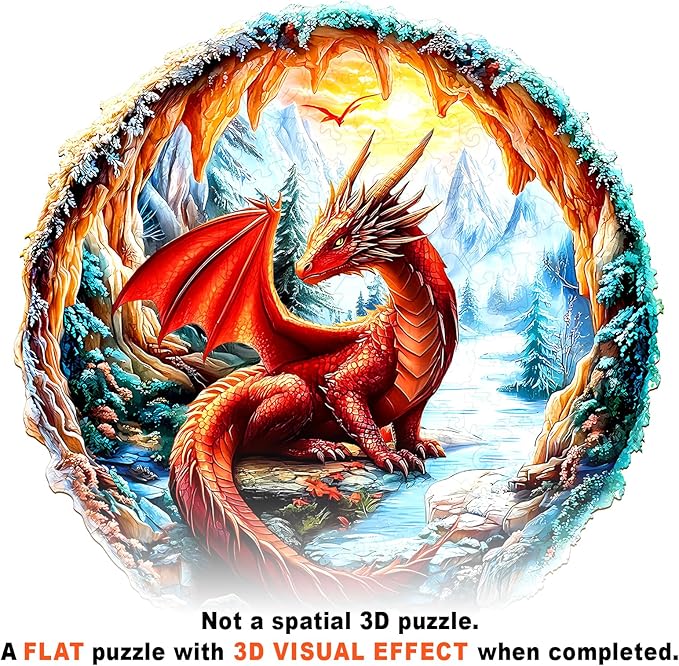 Wooden Puzzles for Adults - Crimson Dragon Wooden Jigsaw Puzzle - Unique Shape 3D Vision Wood Puzzles Adult - Christmas Birthday Gifts for Adults/Friends/Family - 195pcs 11.4 * 11.4in