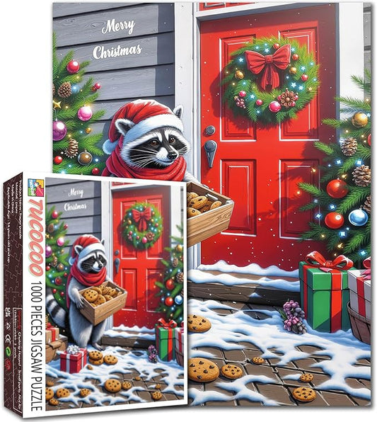 1000 Piece Jigsaw Puzzles for Adults Raccoon Christmas Gift Delivery Jigsaw Puzzle Animal/Wildlife 1000 Pieces Puzzles Family Fun Game DIY Craft Bedroom Decor Christmas Tree Puzzle Art Festival Gift