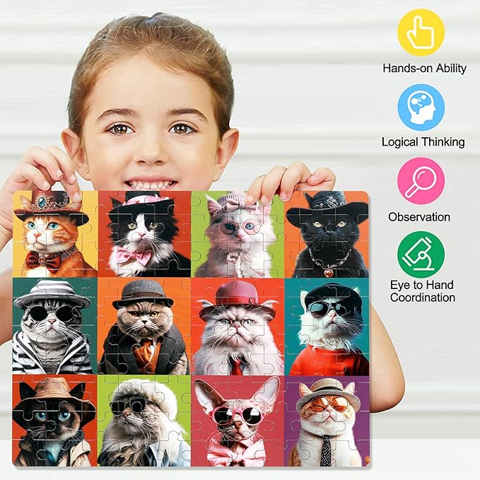 LELEMON Cat Jigsaw Puzzles in a Metal Box 100 Pieces Cat Jigsaw Puzzle for Kids Ages 4-8 Children Learning Educational Puzzles Toys