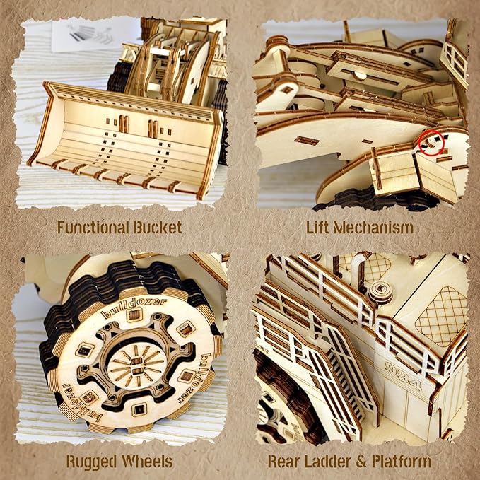 3D Wooden Puzzle for Adults, Bulldozer Model Kit Educational STEM Toy, Mechanical Engineering DIY Wooden Models, Unique Gift for Kids Birthday Christmas (Bulldozer LG)