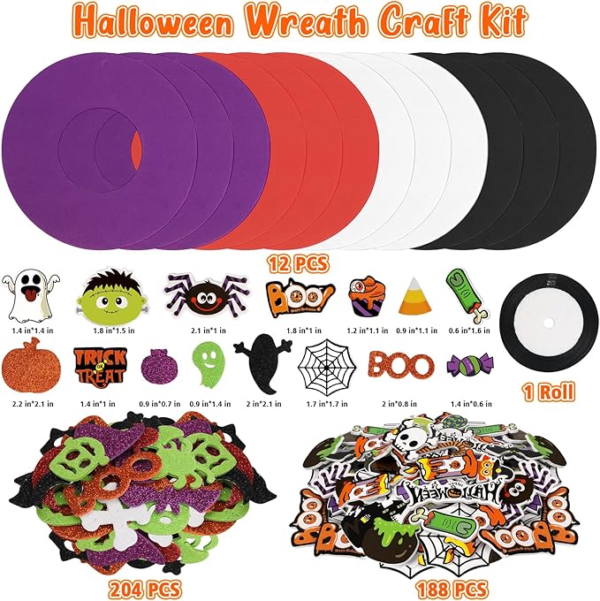 Openfly 12 Sets Halloween Wreath Craft Kit for Boys Girls, Halloween Wreath Sign Decorations Pumpkin Spider Bat Candy Stickers DIY for Home Classroom Party Decor