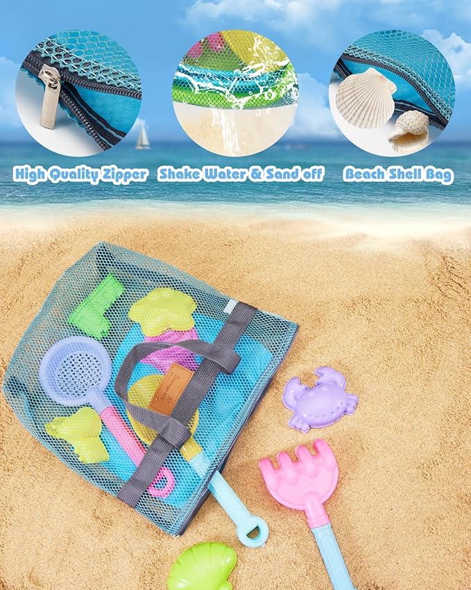Unistylar Beach Toys, Sand Beach Toys for Toddlers with 3 Collapsible Foldable Sand Bucket and Shovels, Mesh Bag, Castle Animal Molds Sets, Travel Sandbox for Kids Age 3-10