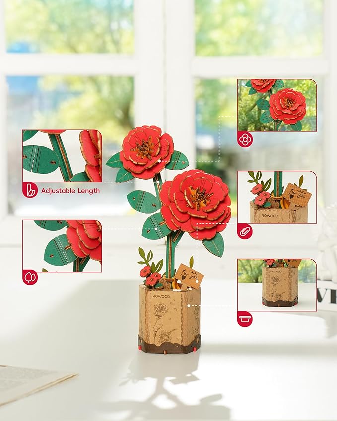 rowood Artifical Flower,DIY Wooden Flower Craft Kit for Kids,Mother's Day/Valentine's Day/Teacher's Day/Thanksgiving Day/Christmas/Birthday Gift for Mom/Women/Grandma/Wife/Her-Red Camellia, TW031