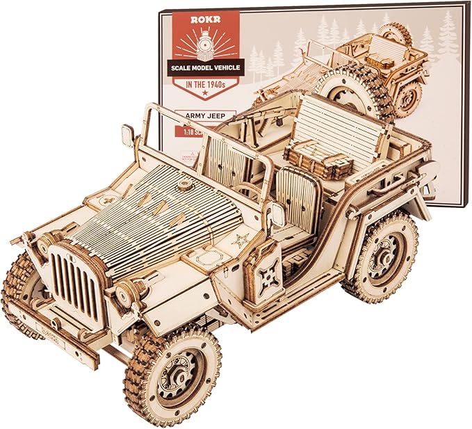 ROKR 3D Wooden Puzzle for Adults-Mechanical Car Model Kits-Brain Teaser Puzzles-Vehicle Building Kits-Unique Gift for Kids on Birthday/Christmas Day(1:18 Scale)(MC701-Army Field Car)