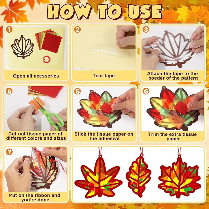 36 Set Fall Maple Leaves Suncatchers Crafts for Kids DIY Autumn Window Tissue Paper Crafts Kit Thanksgiving Maple Hanging Decor for Fall School Home Activity Art Project Birthday Party Favor Gift