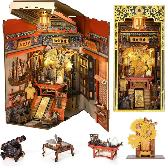 DIY Book Nook Kit for Adults, 3D Wooden Puzzle Bookend Bookshelf Insert Decor with LED Light and Dust Cover (The Emperor's Study)