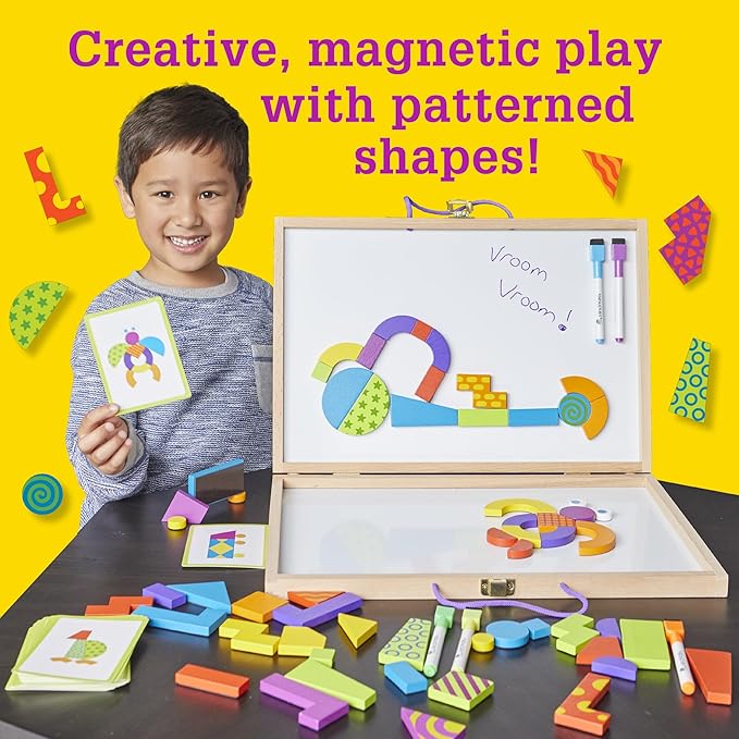 MindWare Imagination Patterns - Creative, Magnetic Play with Patterned Tangram Shapes - Includes 60 Magnetic Blocks, 60 Puzzle Cards, Dry Erase Markers & Wood Case - Deluxe