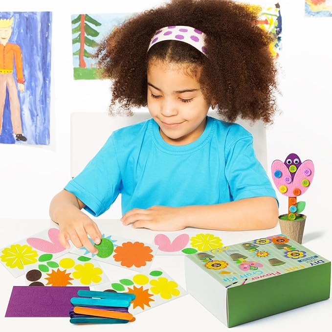 WATINC Mother's Day Spring Felt Flower Craft Kits - Make Your Standing Flowers Gift Crafts with Buttons Flower Pot Decor, DIY Flowers Decorations Home School Fun Activities for Mom Kids (16Pcs)