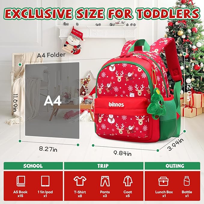 Kids Christmas Backpack Holiday School Bag with Santa & Reindeer Print, Lightweight Durable Bookbag with Plush Keychain Gift for Boys Girls