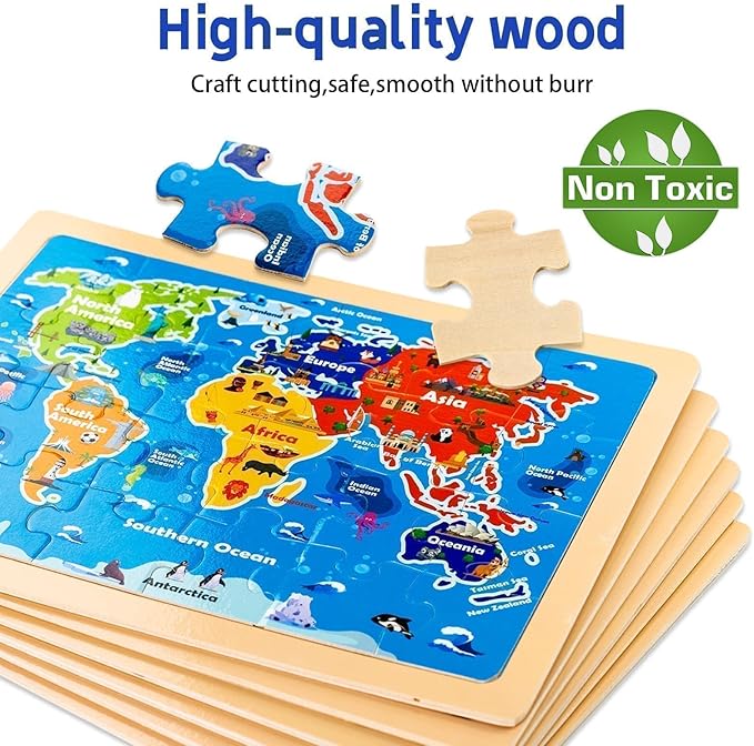 Wooden Puzzles for Toddlers 3 5, 6 Packs 24Pcs Solar System Wooden States World Map Kids Puzzles Ages 4 8, Preschool Educational Brain Toys Gifts for Boys and Girls 2 4 3 5 Year Old