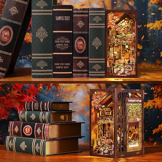 Book Nook Kit, Book Nook Kits for Adults and Teens, DIY Miniature Dollhouse Kit 3D Wooden Puzzle Booknook Bookend with LED Light