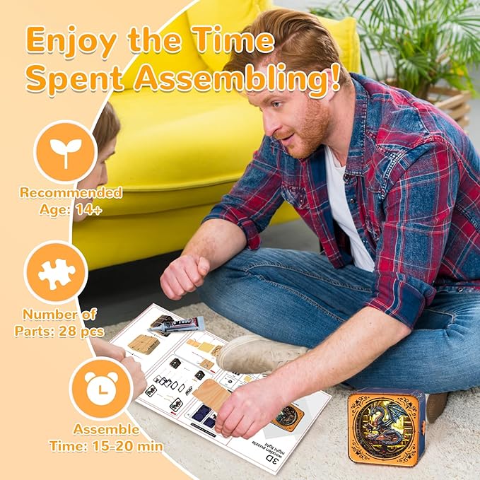 3D Wooden Puzzle Night Light, Library Dragon DIY Puzzles for Adults, Eye Care Night Light with Touchable Switch, Personalized Gifts for Family Friend DIY Puzzle Lover