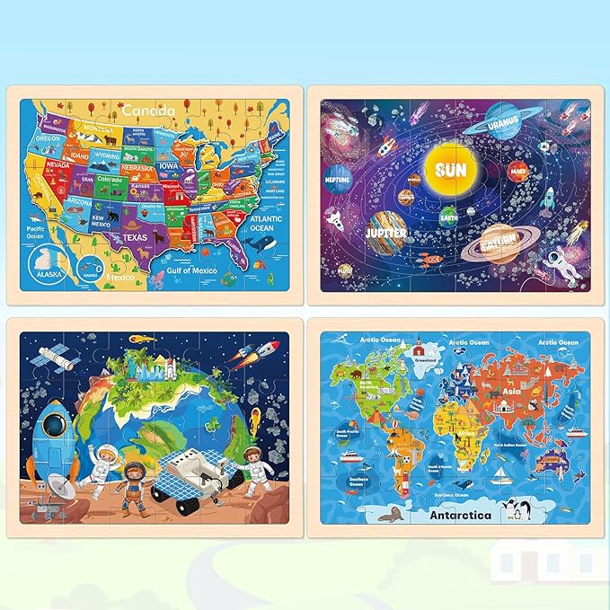 Wooden Puzzles for Kids Age 3 4 5 Year Old, 4 Pack 24 Pcs Toddler Jigsaw Puzzles for Girl Boy Geography Space Activities Preschool Learning Educational Birthday Gift Travel Autistic Wooden Toys