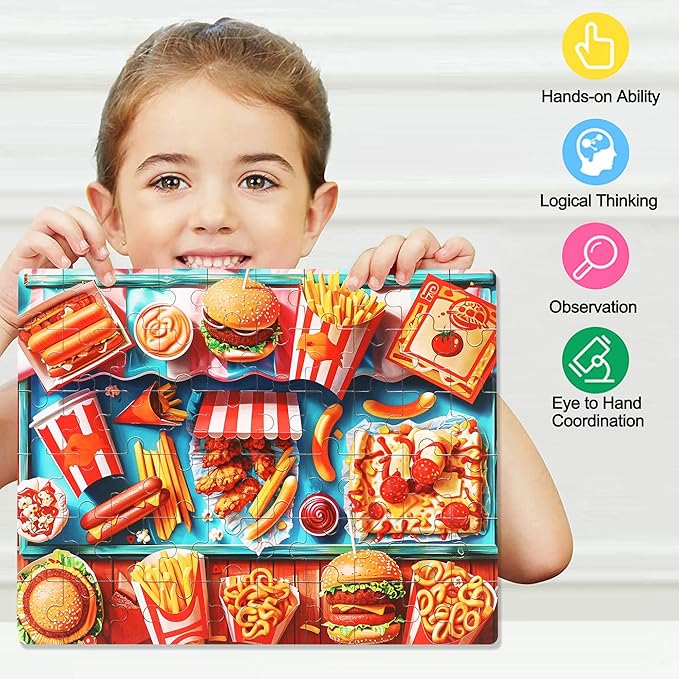 LELEMON Hamburger Jigsaw Puzzles in a Metal Box 60 Pieces Hamburger Jigsaw Puzzle for Kids Ages 4-8 Children Learning Educational Puzzles Toys