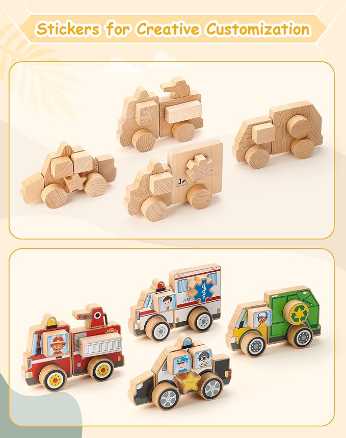 SainSmart Jr. Emergency Vehicle Toys Snap & Take-Apart, Wooden Car Toys for Toddlers, Including Play Police Car, Fire Truck, Garbage Truck, Ambulance - Montessori Gifts for Preschool Children