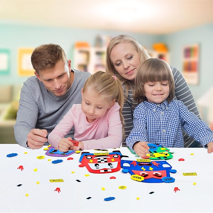 VKPI 4 Pieces EVA Foam Art Crafts Gift Kit, Creative Make Your Own Cars, Cartoon Foam Paper Craft Projects for Kids Ages 4+ Toddler, Preschool Learning Toy for Birthday Party Favor Supplies