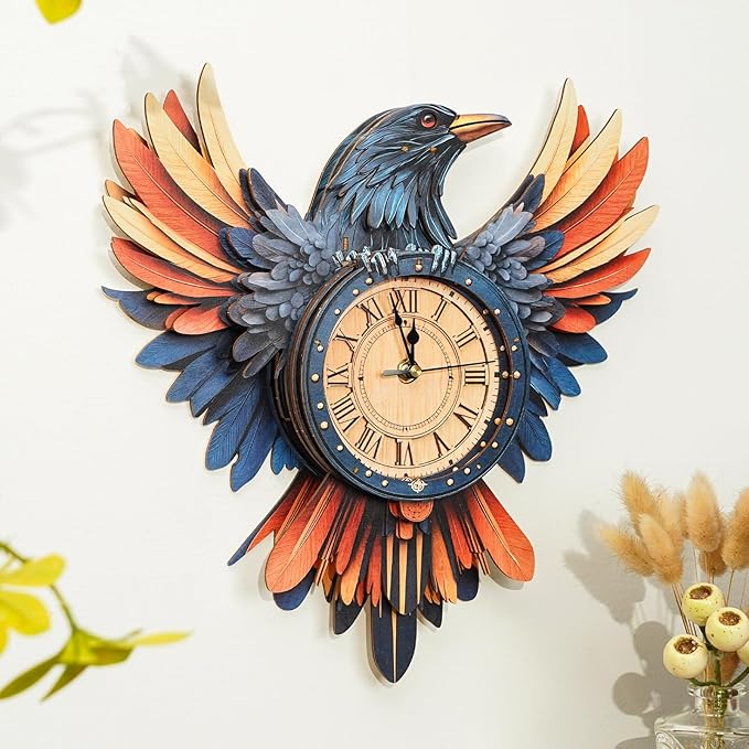 KAAYEE 3D Puzzle for Adult, Wooden Raven Pendulum Clock Mechanical Model Kit, 34 PCS DIY Vintage Wall Clock Building Kit, Creative Craft Gift for Birthday Home Decor (Battery Not Included)