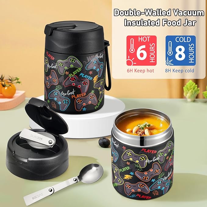 Bento Lunch Box for Kids with 17oz Soup Thermo,Insulated Tumbler Water Bottle and Insulated Lunch Bag,Leak-Proof 3 Compartment Lunch Food Container with with Ice Pack for Kids to School-Game Console