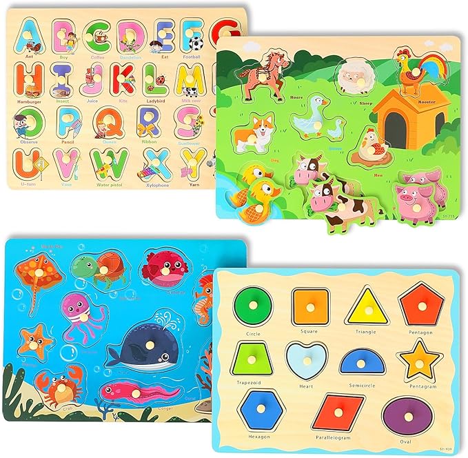 GRINNIE Wooden Toddler Puzzle for 3 4 5 Years Old, Preschool 4 PCS Learning Toy Ages 2-4 Kid Puzzles (ABC, Shape, Farm and sea Animals), Educational Toy Gift for Girls Boys Birthday Christmas