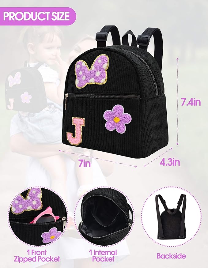 2 3 4 5 6 Year Old Girl Gifts Chenille Initial Mouse Bow Mini Backpack, Corduroy Toddler Backpacks Christmas Birthday Gifts for Girls 2-4 5-6, Black Mini Diaper Bag Must Haves for Park Travel Letter J