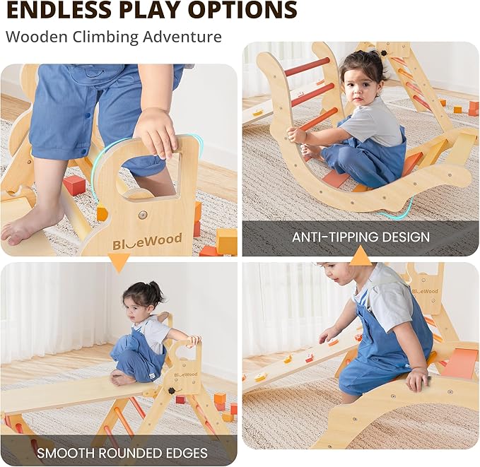 BlueWood Pikler Triangle Set, Toddler Wooden Climbing Toys Indoor 7in1 Foldable Climber for Kids, Montessori Philosophy Play Jungle Gym with Arch, Ramp, Ladder (Farm Charm Autumn)