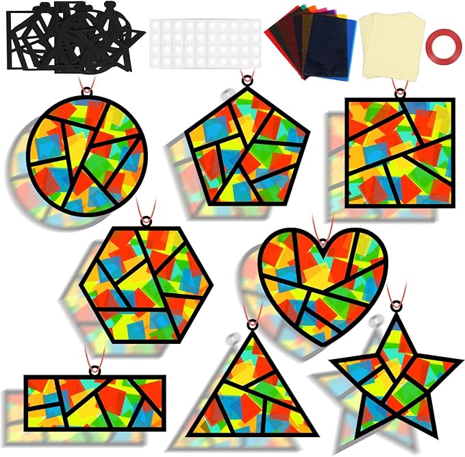 32 Sets Back to School Geometric Recognition Suncatchers Craft DIY Window Stained Glass Effect Star Paper Crafts Home School Classroom Decor Kid Birthday Gift Creative Art Project Activity Game