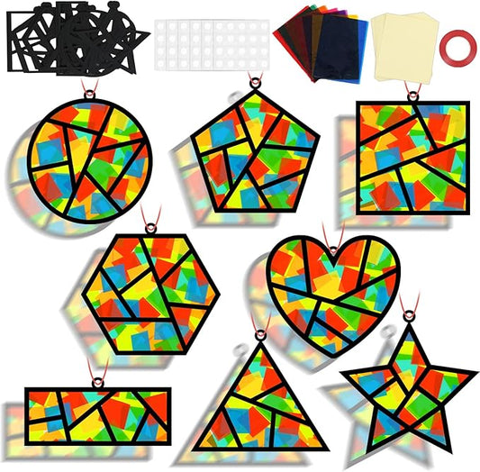 32 Sets Back to School Geometric Recognition Suncatchers Craft DIY Window Stained Glass Effect Star Paper Crafts Home School Classroom Decor Kid Birthday Gift Creative Art Project Activity Game
