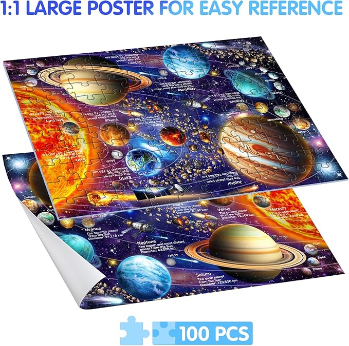 100 Piece Puzzles for Kids Ages 4-8-10, Solar System Puzzles 100 Pieces for Kids Science Educational Space Planet Puzzle Toys for Kids 4-6, 5-8, 6-8, 8-10 Boys Girls