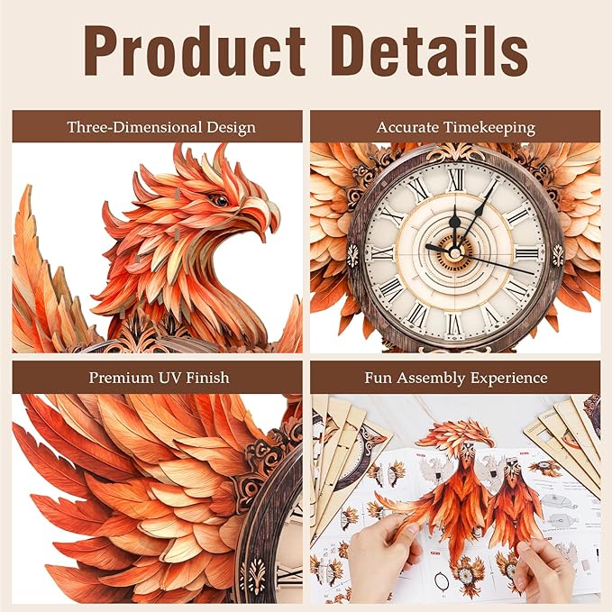 KAAYEE 3D Puzzle for Adult, Wooden Flame Phoenix Pendulum Clock Mechanical Model Kit, 33 PCS DIY Vintage Wall Clock Building Kit, Creative Craft Gift for Birthday Home Decor (Battery Not Included)