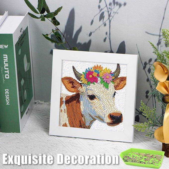 geesfayan Diamond Art Kits for Kids Ages 8-12,6 Inch DIY Gem Art Painting with 7 Inch Frame, Complete Starter Kit for Beginners, Creative Arts & Crafts Gift for Girls & Boys (Cow)