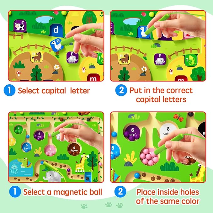 2 in 1 Magnetic Color and Number Maze Magnet Alphabet Counting Double Sided Board Wood Puzzle Fine Motor Skills Montessori Preschool Toys Gifts for Boys and Girls 3-5 Age (Big Zoo, One Size)