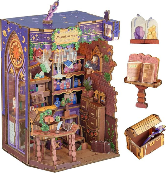 MOMIBOOK Book Nook Kit 153 Pcs DIY Miniature Dollhouse Kit for Adults, 3D Wooden Puzzle Mini Booknook Bookend Bookshelf Decor, Tiny House Model, Party Christmas Birthday Gifts, Fingertip Magic Cabin