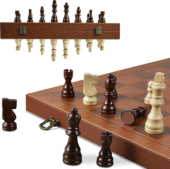 Magnetic Chess Set for Adult Kid, 15.4" Leather Chess Board with Handmade Chess Piece Including 2 Extra Queens and Storage Slot, Folding Portable Travel Chess Game for Beginner and Professional