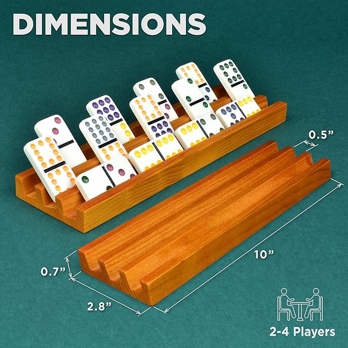 Queensell Domino Holders for Classic Board Games - Wooden Domino Racks Set of 4 - Mexican Train Dominoes Accessories - Domino Trays for Tiles Family Games (Large)