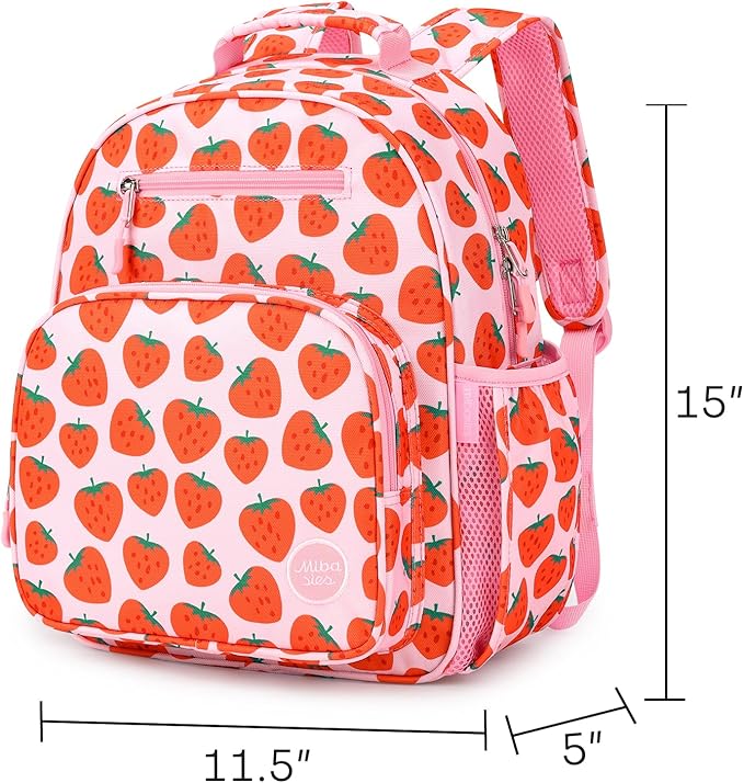mibasies Girls Backpack 5-8: Lightweight Kids Backpacks for Girls - Girl Bookbag for Elementary School - Strawberry Pink