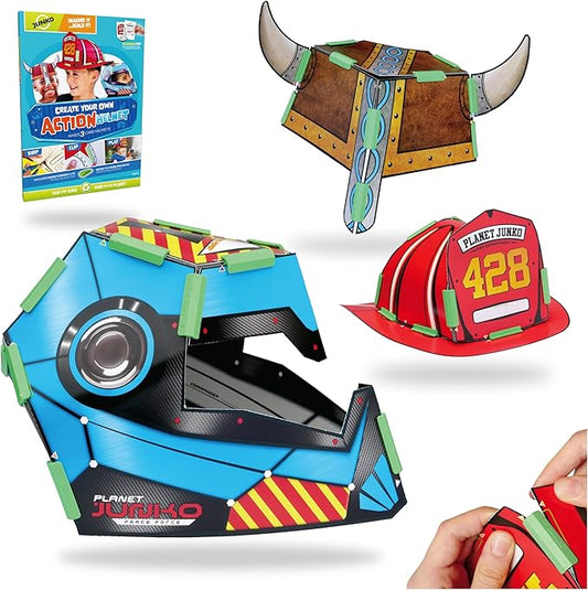 JUNKO DIY Kids Helmet Craft Kit – Build & Decorate 3 Cardboard Helmets (Firefighter, Viking, Space) – Ages 6–10 – Recycled, Reusable – Creative Parent-Child Activity