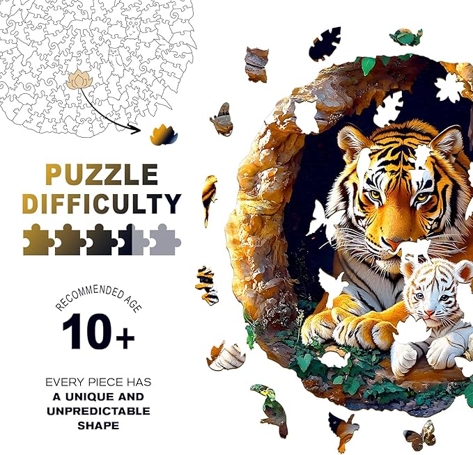 Wooden Puzzles for Adults - Unique Animal Shaped Tiger Family Puzzle, 3D Vision Wooden Jigsaw Puzzle, Christmas Birthday Gifts for Friends/Family, Home Decor 11.4 * 11.4in 200pcs