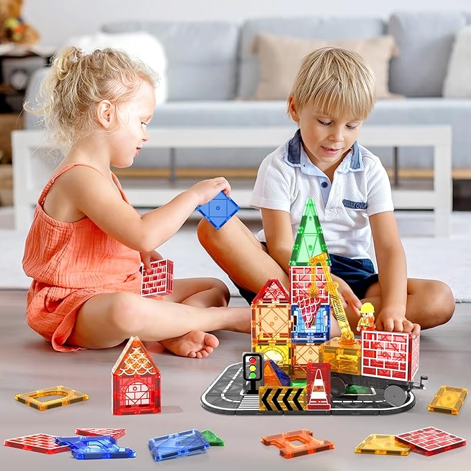 Magnetic Tiles Road Set with Magnet Crane Car, Construction Toys for Kids Ages 3-5 4-8 5-7, Creative Magnetic Building Blocks Toddler Toys, Gifts for 3+ Year Old Boys & Girls